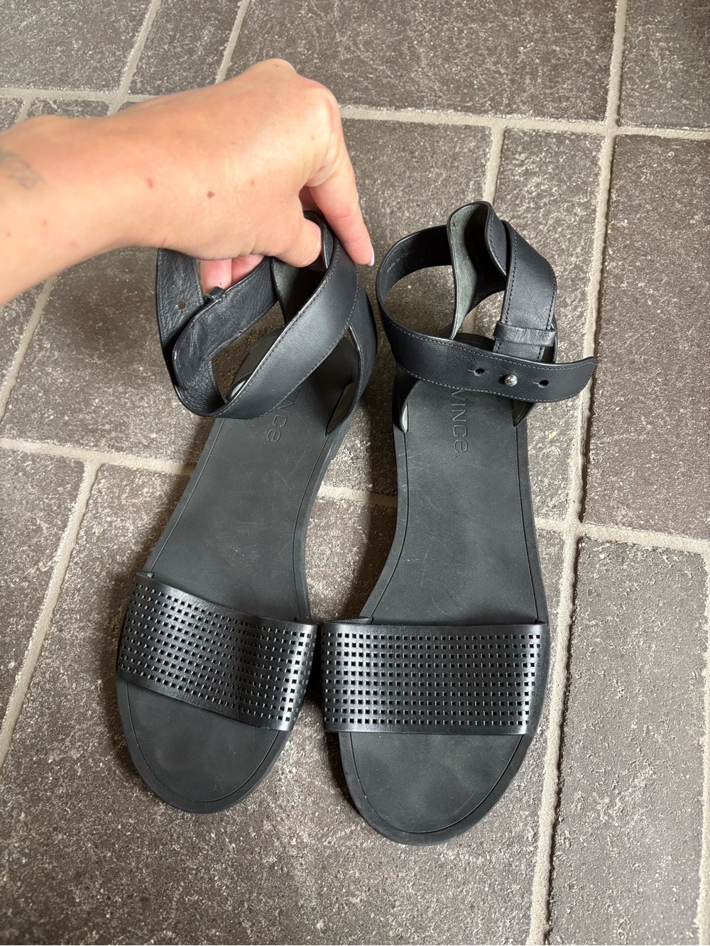 Vince Black Women's Ankle Strap Perforated Sandals